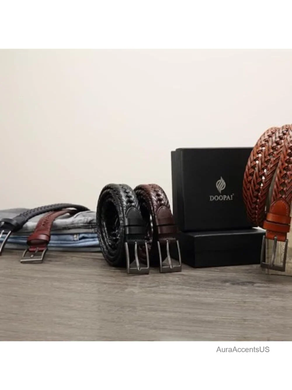 Men's Braided Leather Belt, Woven Dress Belt for Casual & Golf